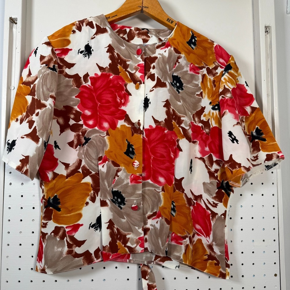 Rafale London Tunic Top Womens Medium Multicolor Flower Printed Short Sleeve VTG